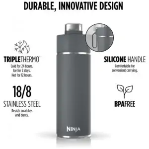 Garrafa Térmica para Água 710mL em Aço Inoxidável, à Prova de Vazamentos e Aguenta Quente por Horas, Ninja DW2401GY, Cinza