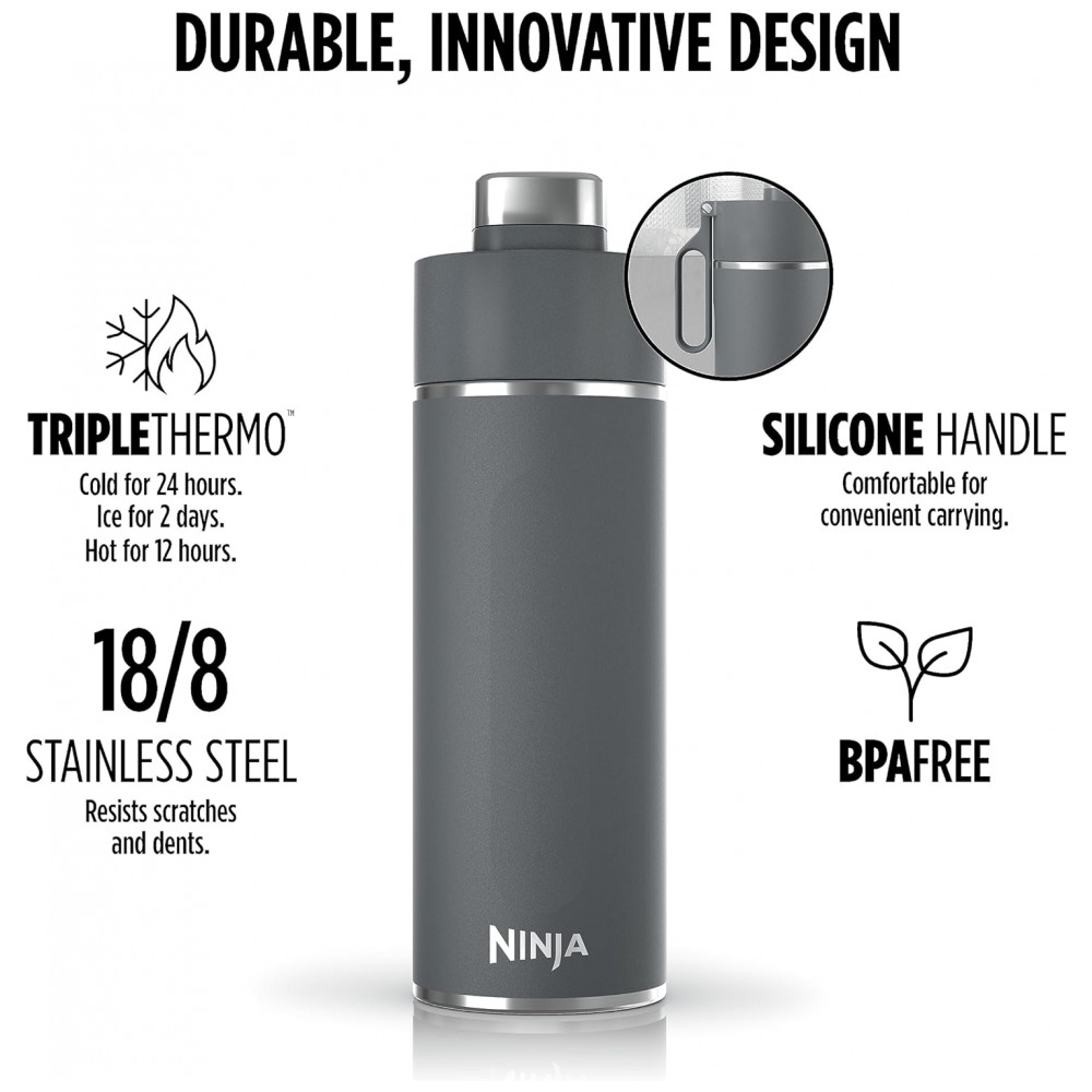 Garrafa Térmica para Água 710mL em Aço Inoxidável, à Prova de Vazamentos e Aguenta Quente por Horas, Ninja DW2401GY, Cinza