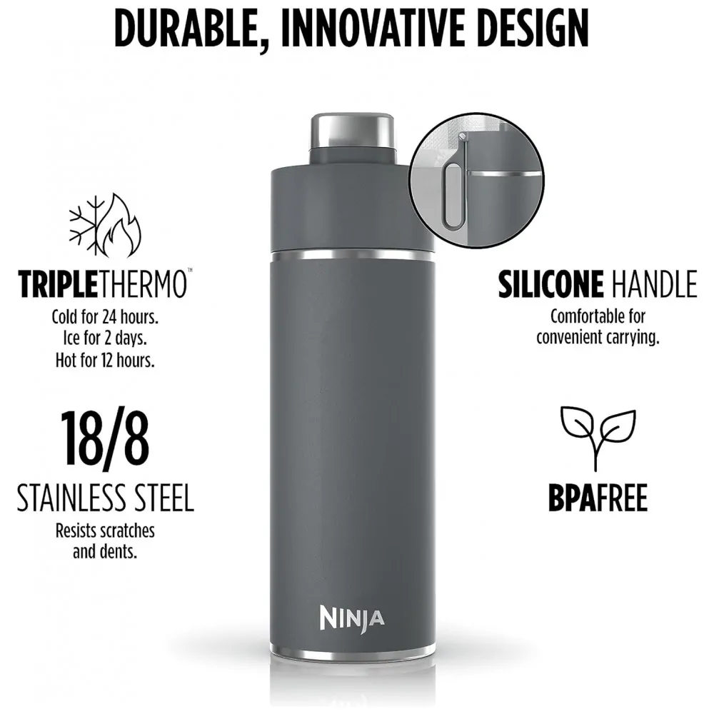 Garrafa Térmica para Água 710mL em Aço Inoxidável, à Prova de Vazamentos e Aguenta Quente por Horas, Ninja DW2401GY, Cinza