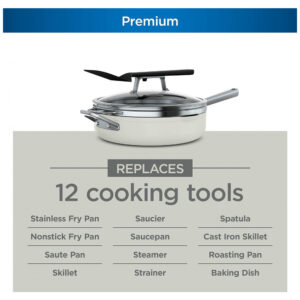 Frigideira Antiaderente 14 em 1 com Espátula e Tampa de Vidro, Ninja CW102WH, Branca Baunilha