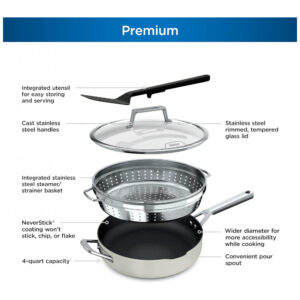 Frigideira Antiaderente 14 em 1 com Espátula e Tampa de Vidro, Ninja CW102WH, Branca Baunilha