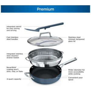 Frigideira Antiaderente 14 em 1 com Espátula e Tampa de Vidro, Ninja CW102BL, Azul