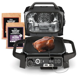Grill e Defumador Portátil 7 em 1 com Termômetro Embutido, 110V Ninja OG751BRN Woodfire, Cinza