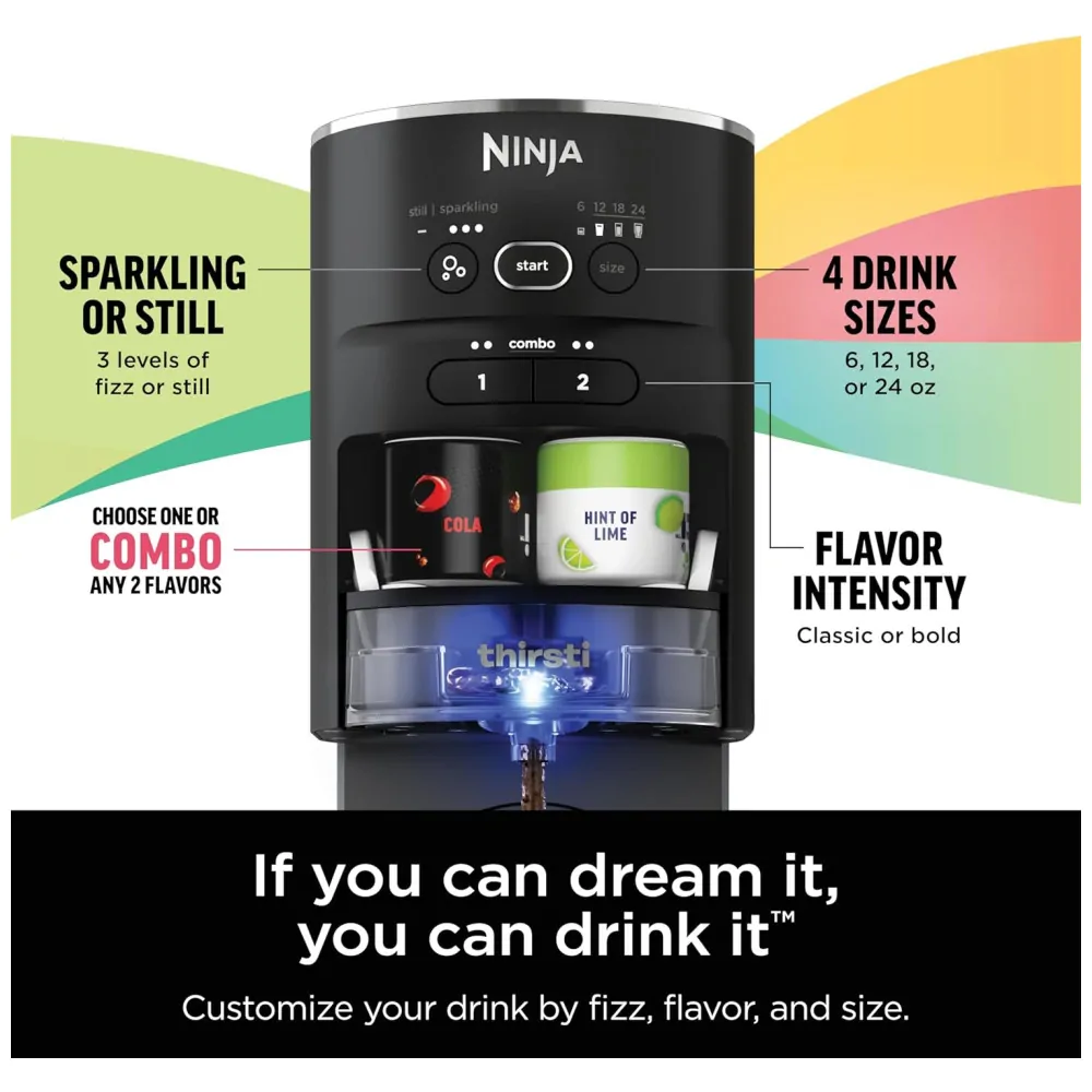 Máquina Para Gaseificar Bebidas com Cilindro de C02 de 60 L, Crie Bebidas como Água com Gás e Refrigerantes, Ninja Thirsti WC1001, Preta