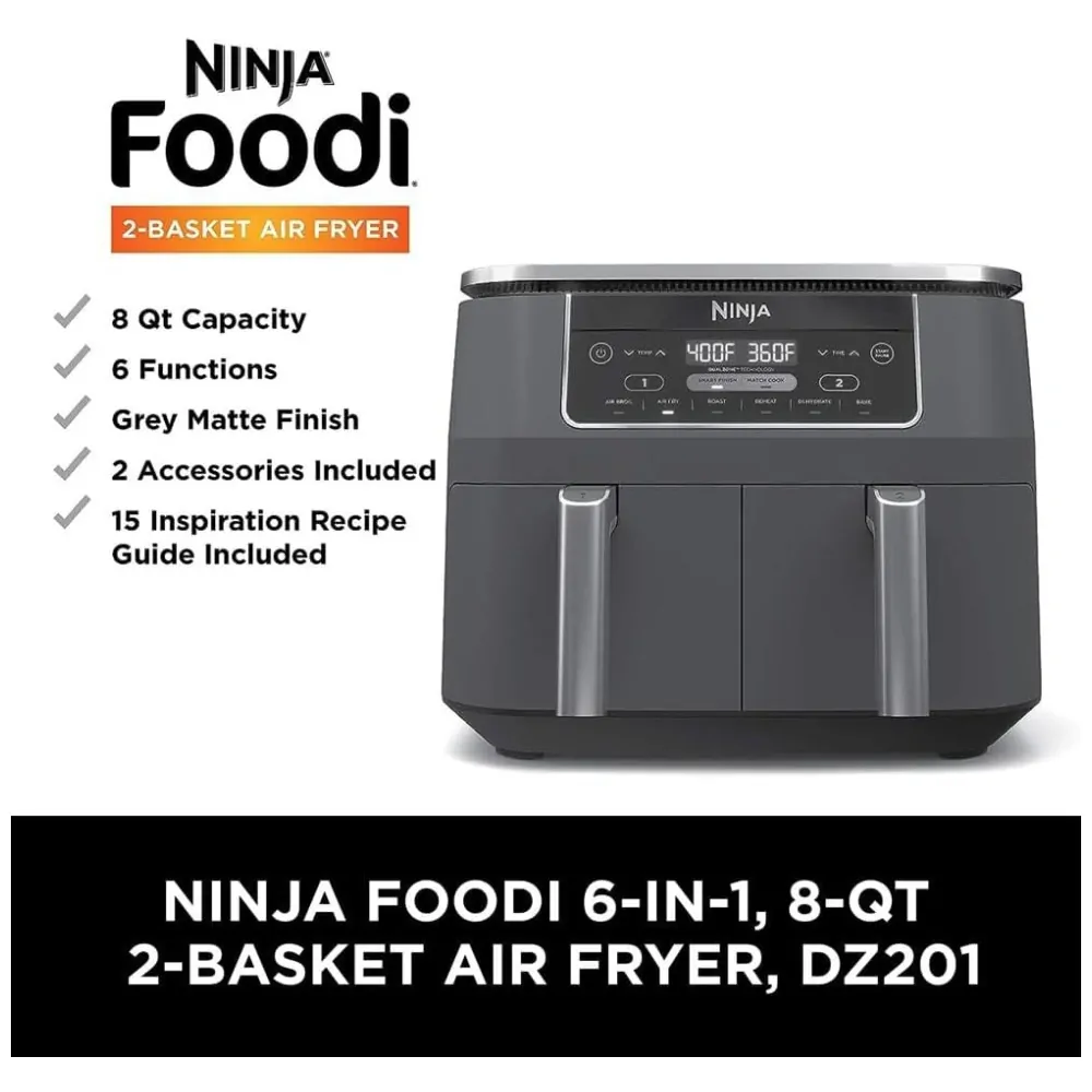 Fritadeira Elétrica 6 em 1 Capacidade 7.5L com Cesta Dupla, 1690W, 110V, Ninja DZ201 Foodi, Cinza Escuro