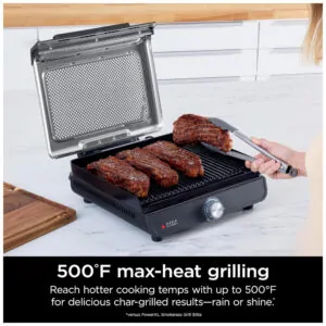 Grill Antiaderente Elétrico Interno sem Fumaça 110V 1450W, Ninja GR101, Cinza Prateado