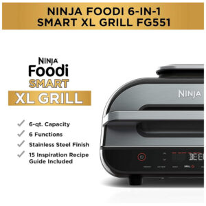 Foodi Smart XL 6 em 1 churrasqueira interna com 4 quart de fritadeira de ar para assar desidratar grelhar, NINJA FG551, Preto