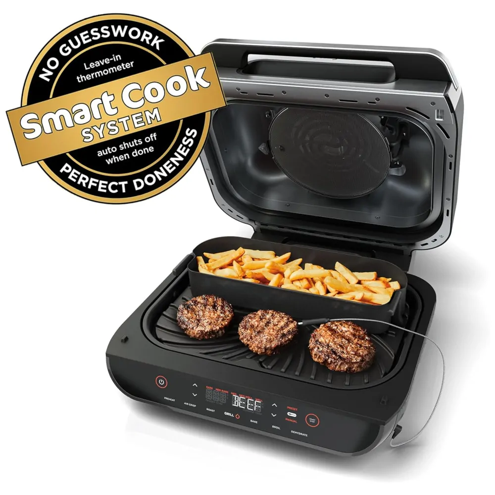 Foodi Smart XL 6 em 1 churrasqueira interna com 4 quart de fritadeira de ar para assar desidratar grelhar, NINJA FG551, Preto