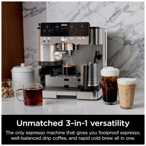 Cafeteira Ninja Luxe 3 em 1 com Moedor Integrado, Espumador de Leite e Assistente para Preparo de Espresso ES601 em Aço Inoxidável
