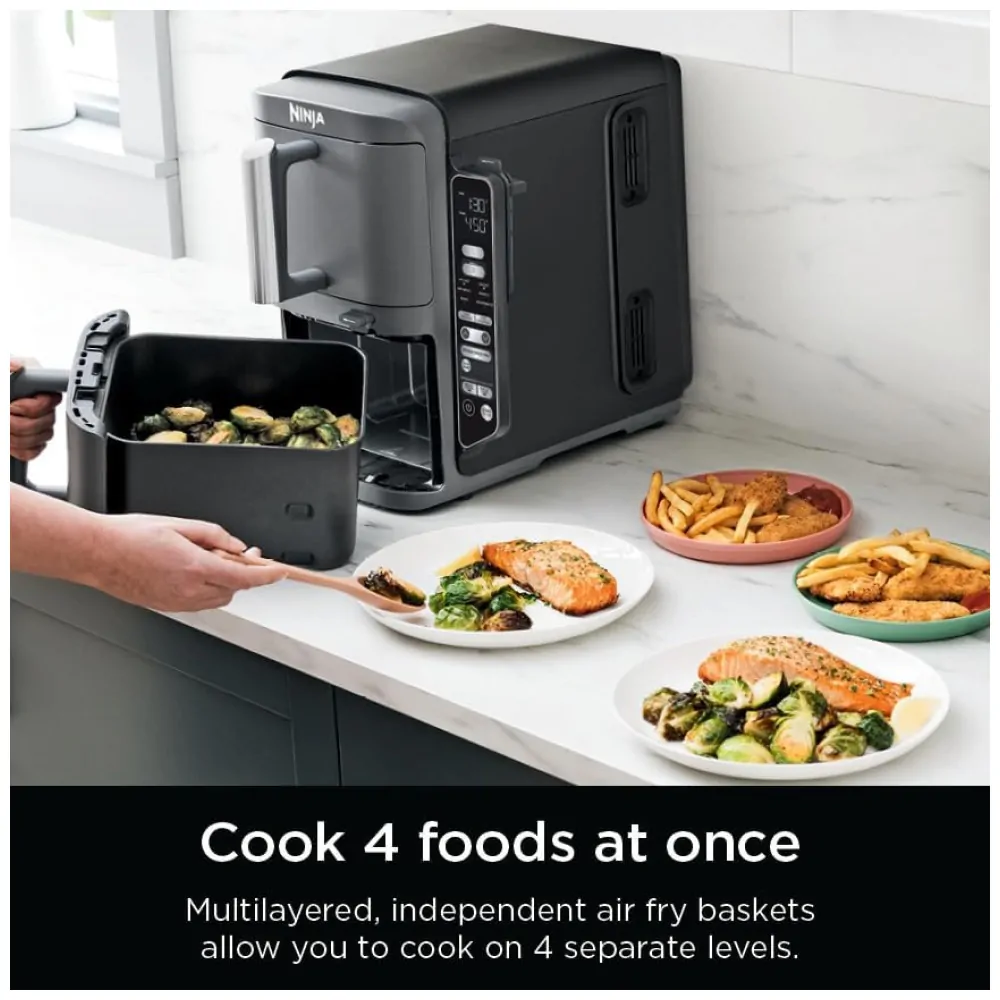 ectqzv19mn6d0b_4.jpg - Fritadeira Elétrica Ninja Duplo Andar XL 9,5 Litros 2 Cestos Air Fryer, Tecnologia Smart Cook System, Cozimento Duplo de 4 Alimentos, Termômetro, SL451