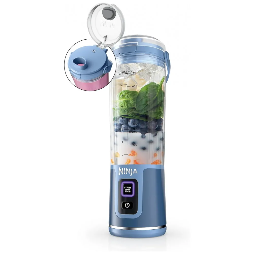 Liquidificador Portátil Ninja Blast, Sem Fio, Recipiente 530ml, Tampa Antivazamento com Bico, Azul Denim, BC151ND, 7.4V