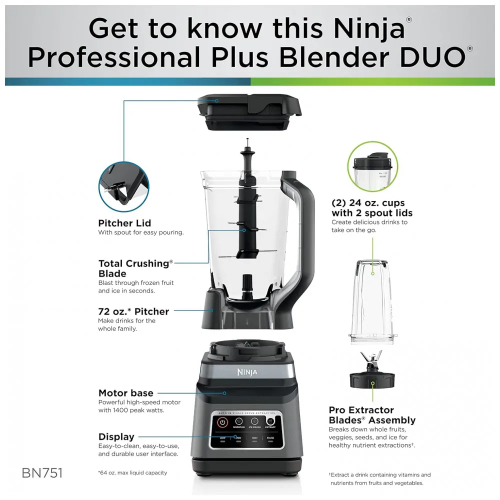 Liquidificador Ninja BN751 Professional Plus DUO, 1400 Watts, 3 Programas AutoIQ, Jarra Tritan 2 Litros, Tecnologia de Extração de Nutrientes