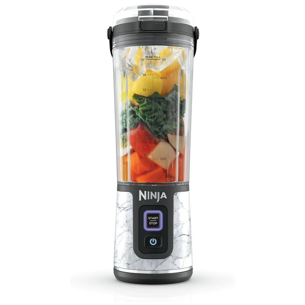 Liquidificador Portátil Ninja Blast, Sem Fio, Recipiente 530ml, Tampa Antivazamento com Bico, Branco Mármore, BC152MW, 7.4V