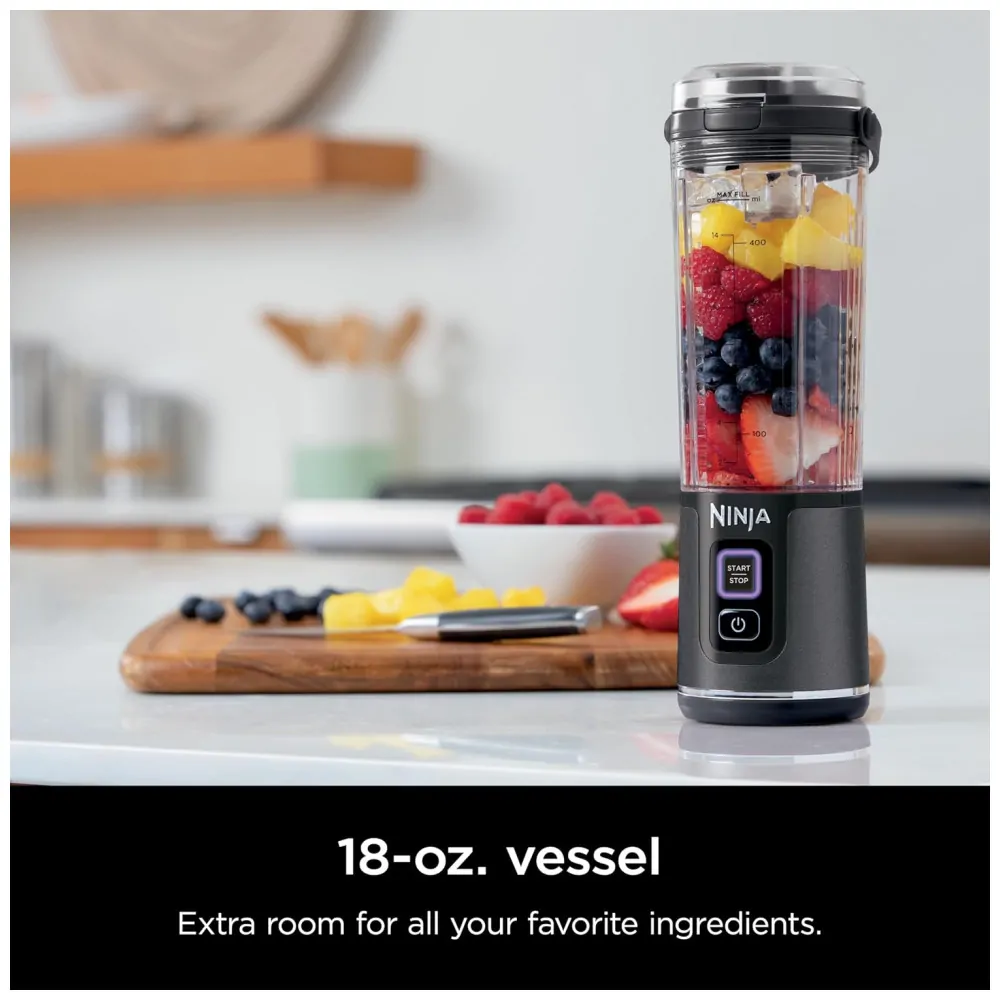 Liquidificador Portátil Ninja Blast, Sem Fio, Recipiente 530ml, Tampa Antivazamento com Alça, Preto Metálico, BC151MB, 7.4V