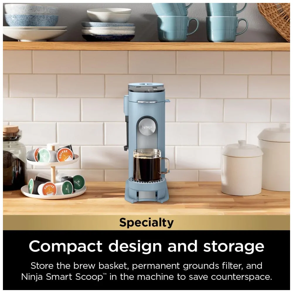 Máquina de Café Ninja Pods e Grounds Individual XL Compatível K Cup 4 Estilos Reservatório 2 L Frother Integrado Tamanhos 177 710 mL Azul Jeans PB055ABL 110V