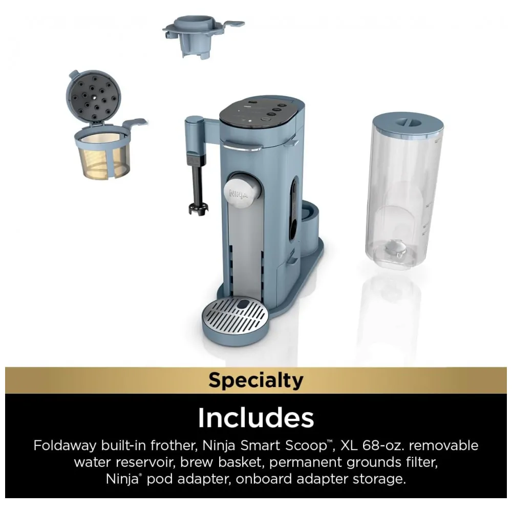 Máquina de Café Ninja Pods e Grounds Individual XL Compatível K Cup 4 Estilos Reservatório 2 L Frother Integrado Tamanhos 177 710 mL Azul Jeans PB055ABL 110V