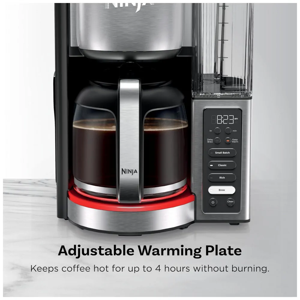Máquina de Café Ninja Fresh Brew Programável 14 Copos Jarra Vidro Estilos Clássico Rico Reservatório 2,07 L Lote Pequeno Atraso Brew Placa Ajustável Aço Inox CE451 110V