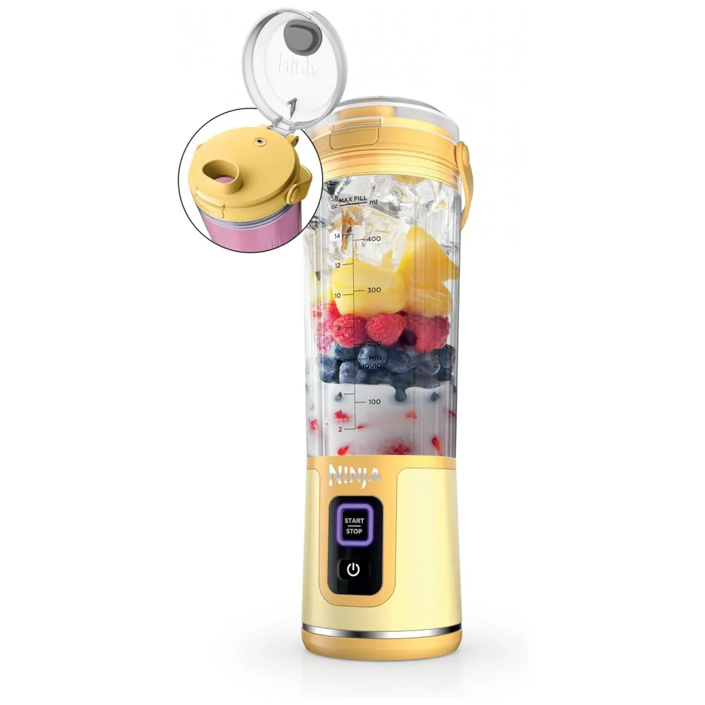 Liquidificador Portátil Ninja Blast, Sem Fio, Recipiente 530ml, Tampa Antivazamento com Bico, Amarelo, BC151LB, 7.4V 112 caracteres
