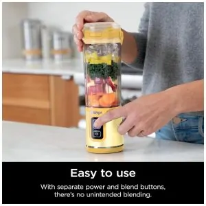Liquidificador Portátil Ninja Blast, Sem Fio, Recipiente 530ml, Tampa Antivazamento com Bico, Amarelo, BC151LB, 7.4V 112 caracteres