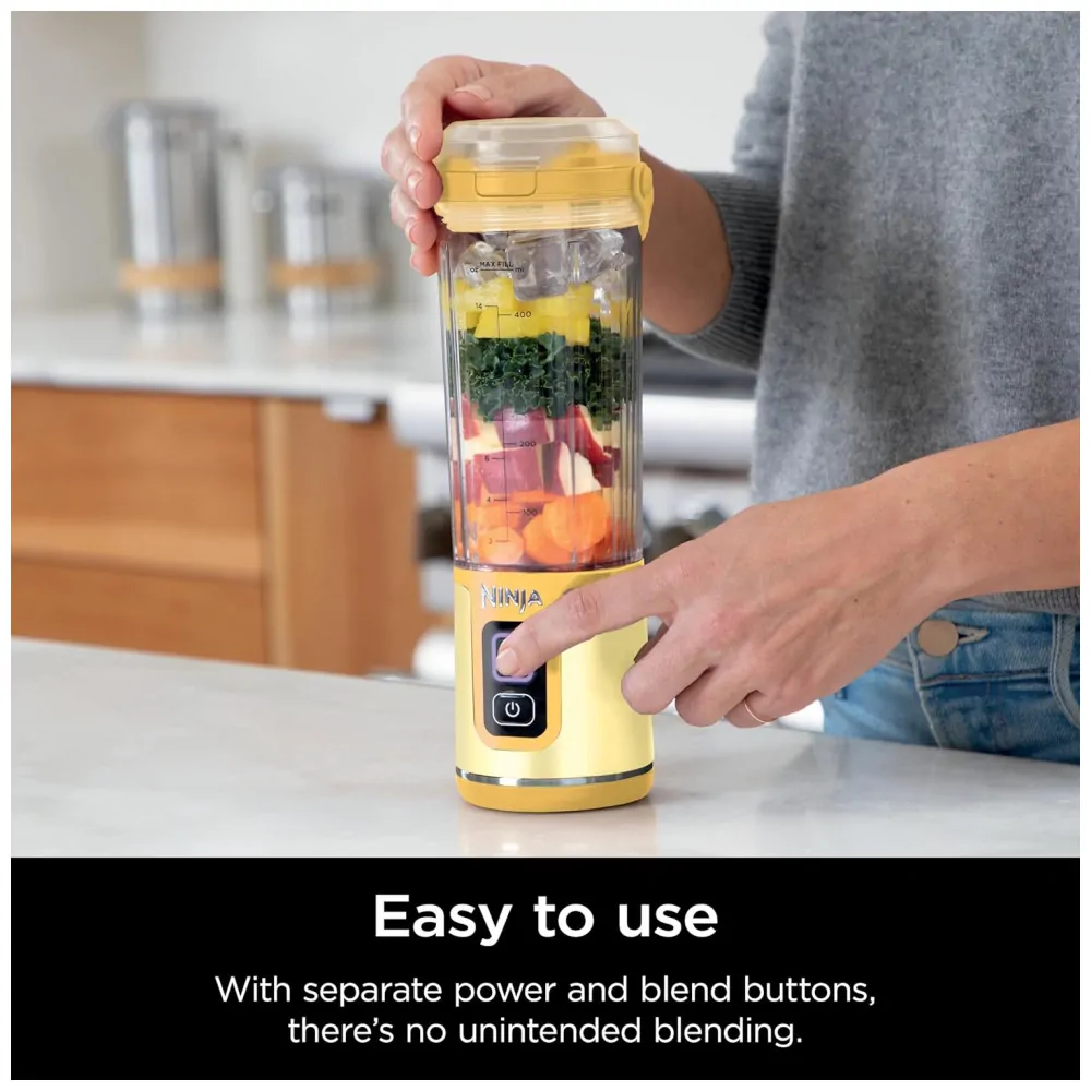 Liquidificador Portátil Ninja Blast, Sem Fio, Recipiente 530ml, Tampa Antivazamento com Bico, Amarelo, BC151LB, 7.4V 112 caracteres