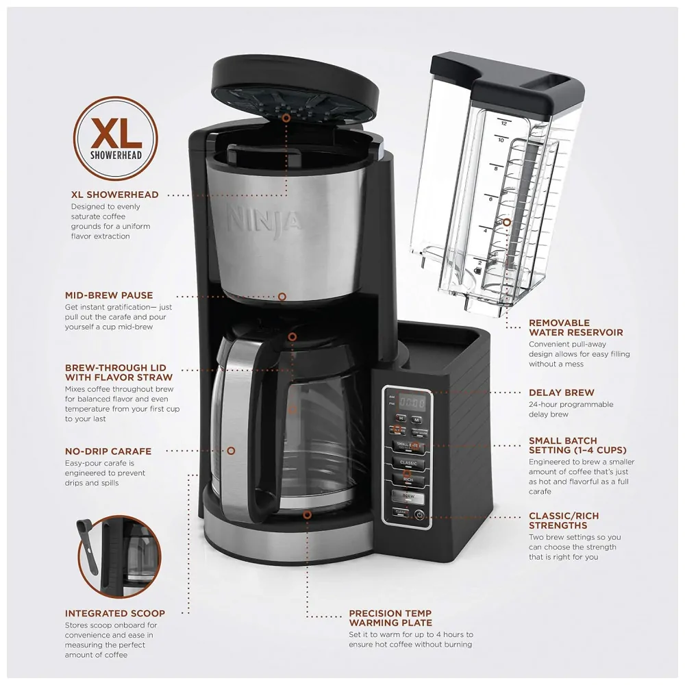 Máquina de Café Programável Ninja 12 Copos Estilo Clássico e Rico Reservatório 1,77 L Extração Térmica Filtro Permanente Preto Aço Inox CE201 240V