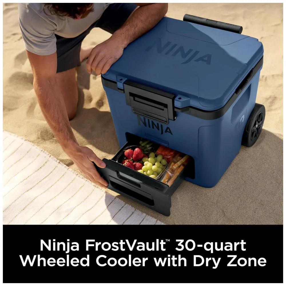 Caixa Térmica com Rodas Ninja FrostVault 28 L Azul Gaveta Dry Zone Isolada