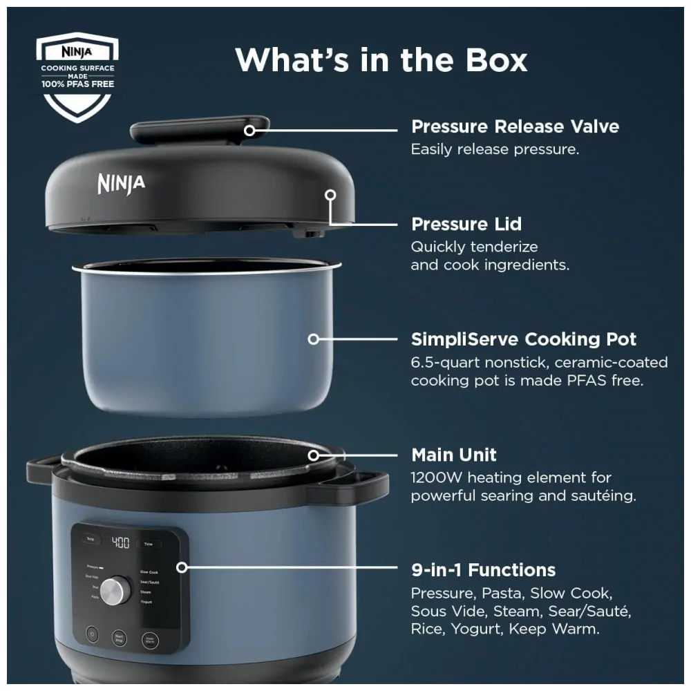 Panela de Pressão Elétrica Ninja HyperHeat Azul Macaron 6,2 L 9 em 1 SimpliServe Pot 1200 W PC201 110V