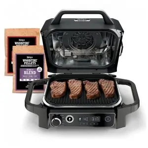 Ninja OG701 Churrasqueira Woodfire 7 em 1 Air Fryer, Assar, Grelhar e Defumar com Pellets de Madeira, Portátil e Elétrica, Cinza