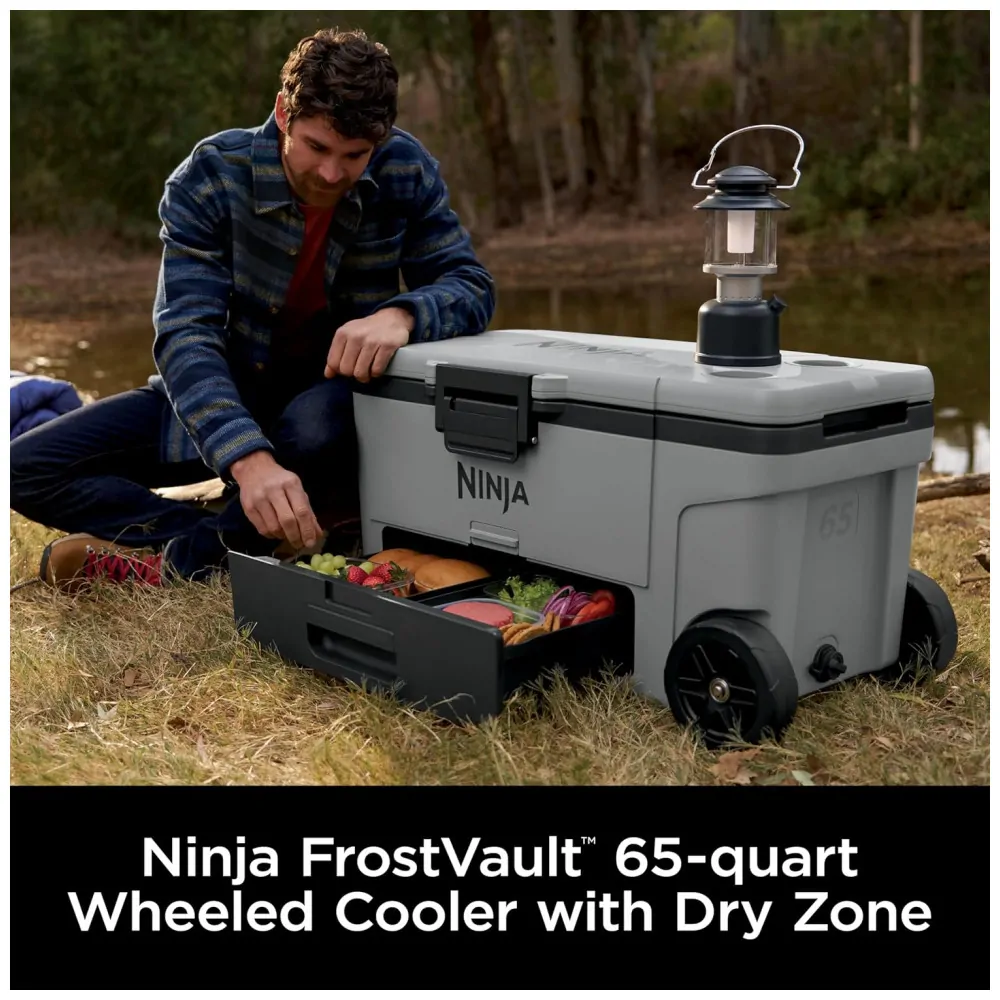 Caixa Térmica com Rodas Ninja FrostVault 65 L Cinza Ardósia Gaveta Dry Zone Isolamento de Alta Performance
