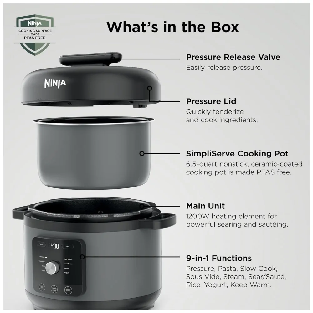 Panela de Pressão Elétrica Ninja HyperHeat Cinza 6,2 L 9 em 1 SimpliServe Pot 1200 W PC201GY 110V