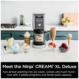 Sorveteira Ninja CREAMi Deluxe Prata para Sorvetes, Picolés e Iogurte Congelado com 4 Potes XL de 710ml, 11 em 1, Capacidade Extra