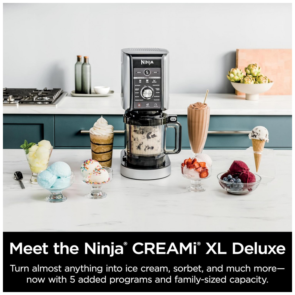 Sorveteira Ninja CREAMi Deluxe Prata para Sorvetes, Picolés e Iogurte Congelado com 4 Potes XL de 710ml, 11 em 1, Capacidade Extra