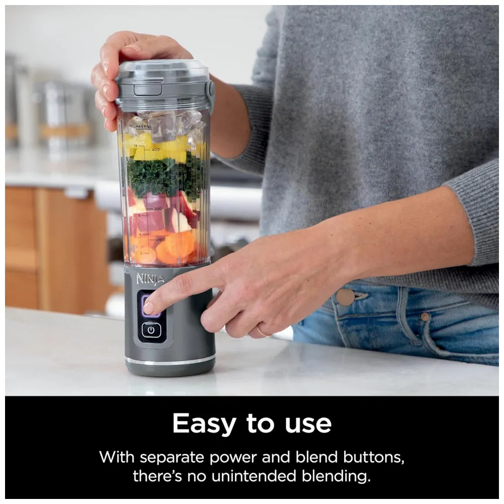 Liquidificador Portátil Ninja Blast Cinza com 2 Copos 530 ml Tampa Antivazamento USB C Sem Fio 7,4V