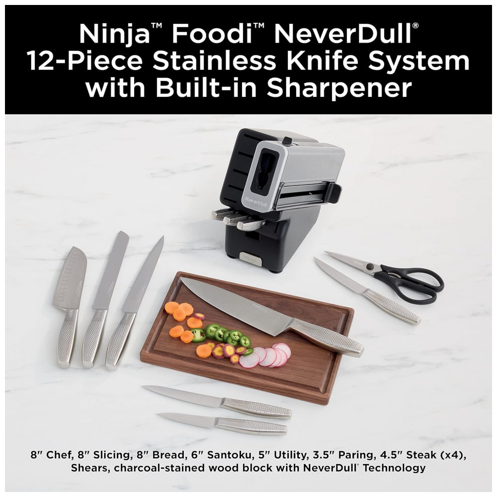 Jogo de Facas Ninja NeverDull 12 Peças Aço Inox Alemão Chaira no Bloco com Afiador Integrado