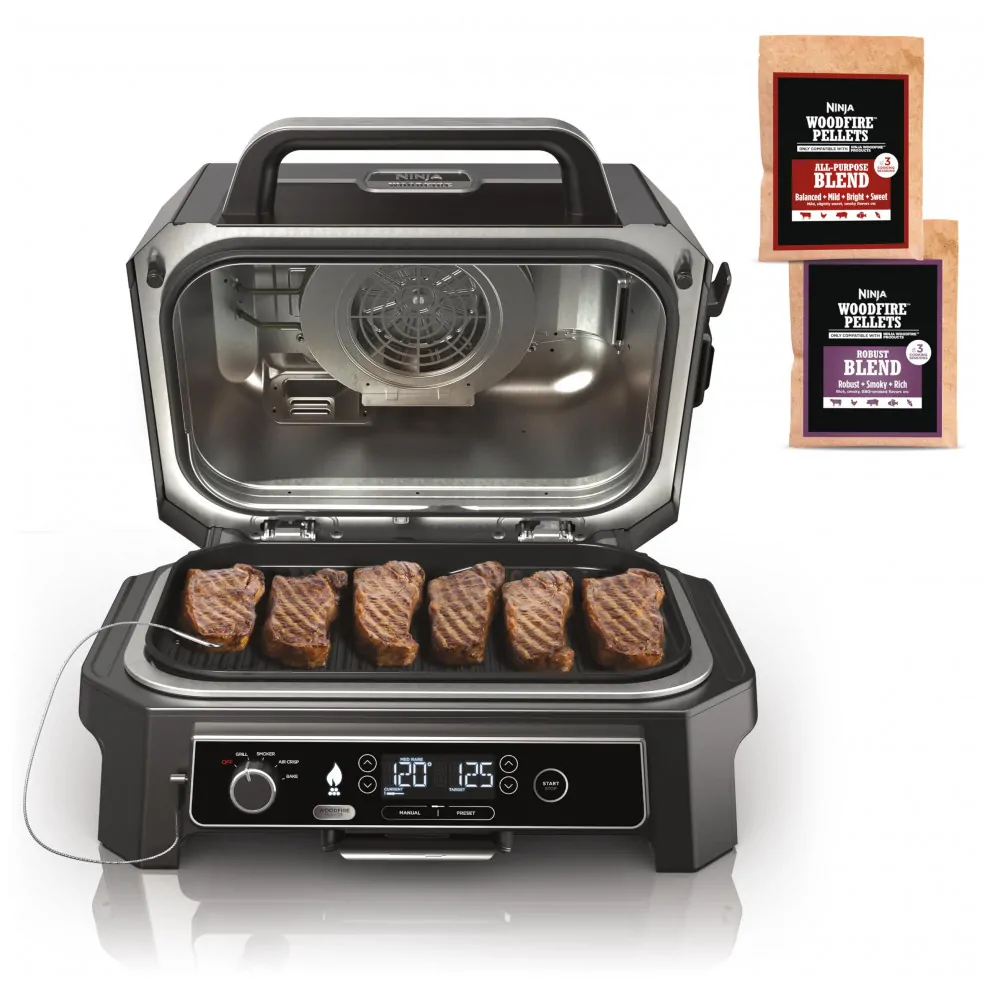 Ninja Woodfire Pro XL Churrasqueira 4 em 1 com Defumador, Termômetro Integrado e Tecnologia Woodfire