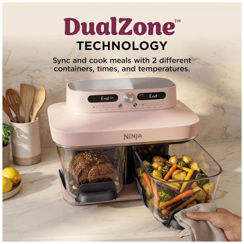 Air Fryer Ninja Crispi DualZone de Vidro 7,6 L 8 qt Rose Quartz Cozinha Sem Óleo